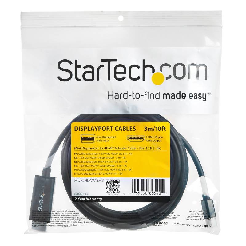 Câble Mini DisplayPort Vers HDMI 2m - 4K 30Hz, Noir, Compatible MacBook, PC